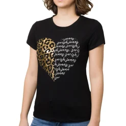 Online T-shirt nera da donna in cotone con stampa oro e nera strass Donna T-Shirt Donna|Abbigliamento Moda Donna