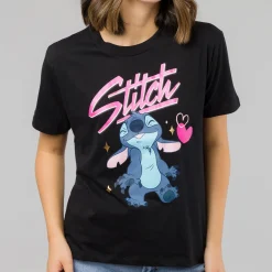 New T-shirt nera da Donna in Cotone con stampa Stitch Donna T-Shirt Donna|Abbigliamento Moda Donna