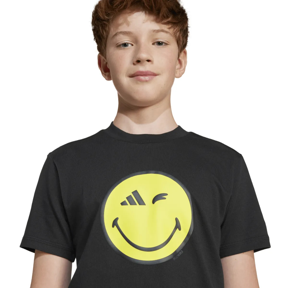 New T-shirt nera in cotone da ragazzi con stampa Smile Abbigliamento Adidas