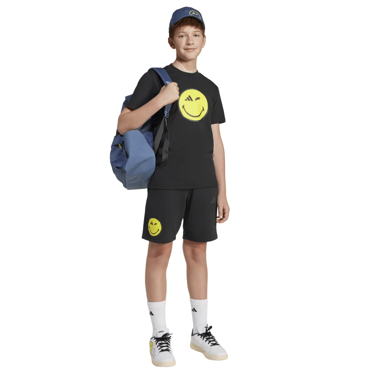 New T-shirt nera in cotone da ragazzi con stampa Smile Abbigliamento Adidas