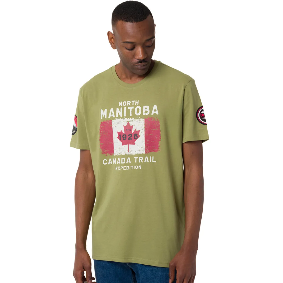 T-Shirt verde da Uomo con stampa frontale in contrasto Uomo Abbigliamento Canada Trail|T-Shirt Uomo