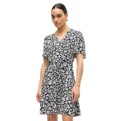 Hot Vestito da donna nero con fantasia a fiori bianchi e con bottoni frontali Donna Abbigliamento Moda Donna